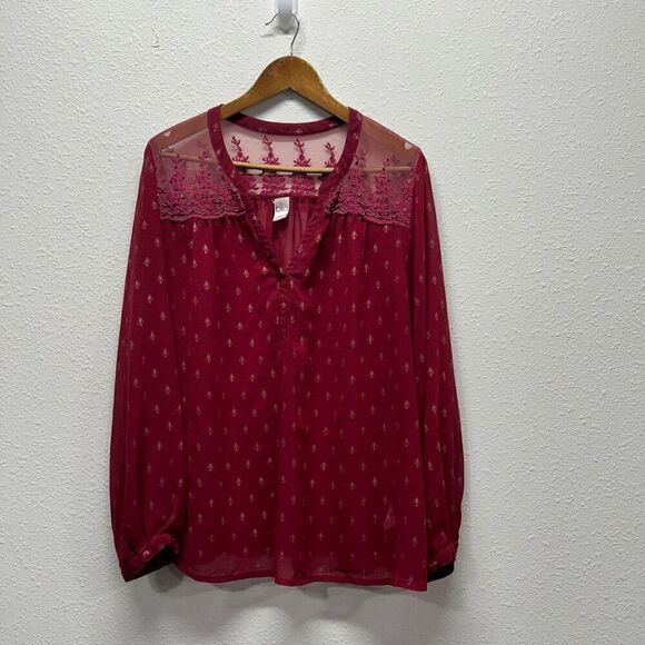 Bila Burgundy Chiffon Beaded Semi Sheer V-Neck Peasant Top Women's Size XXL - Picture 1 of 16